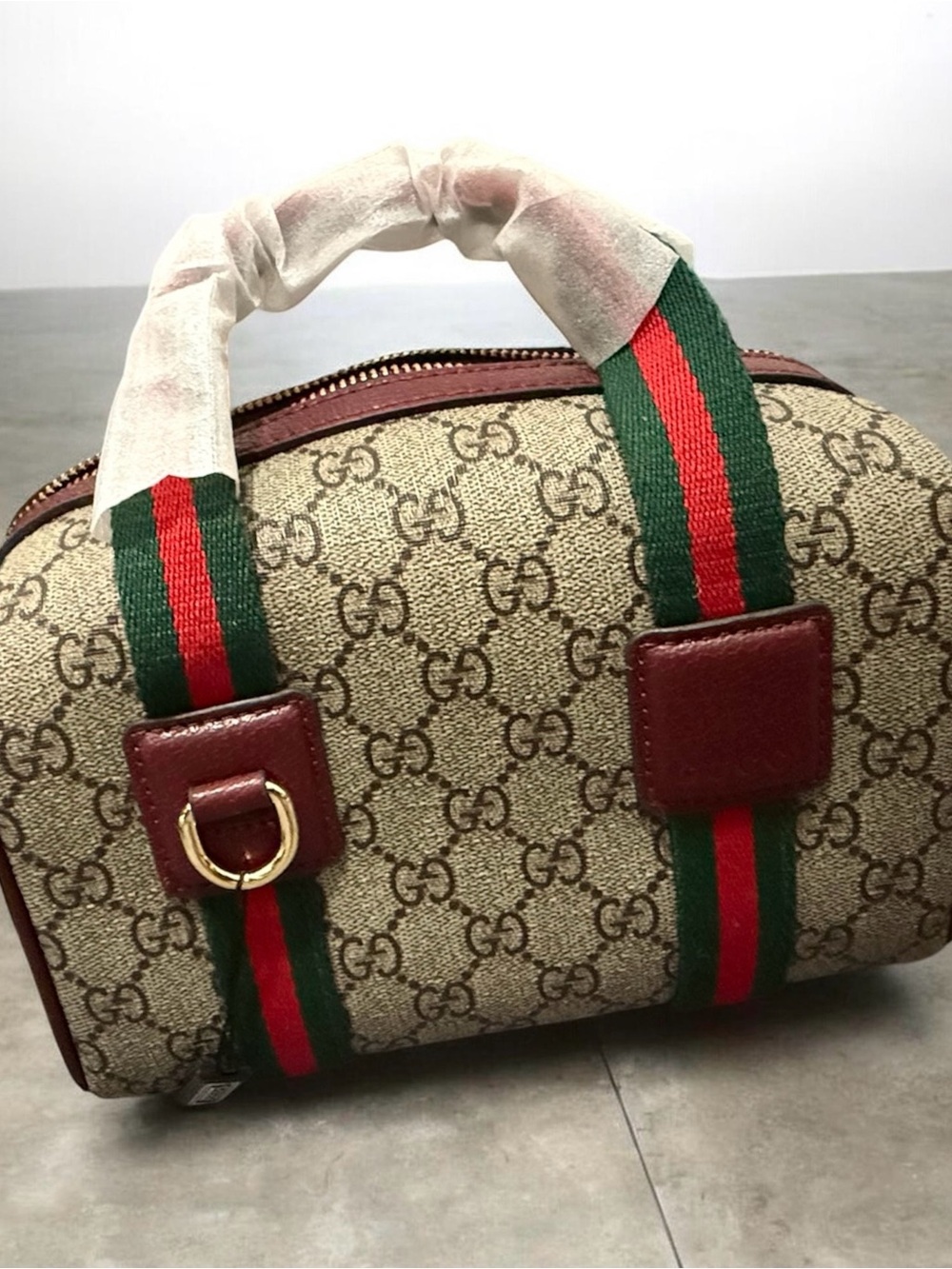 Gucci Beige Monogram Top-Handle Bag with Green-Red Web